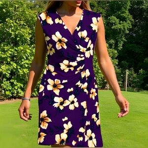 American Living Purple w/ Cream Flowers V-Neck Sleeveless Career Dress S-6